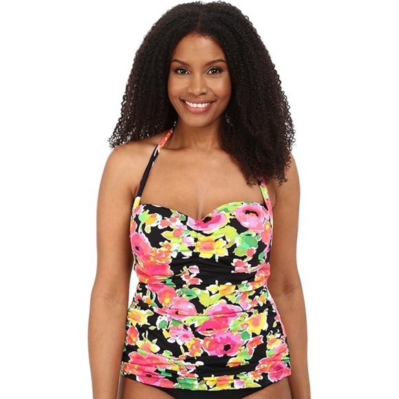 Ralph Lauren‎ 8 Brilliant Pink Floral Retro Shirred Halter Tie Tankini Swim Top - Picture 1 of 4